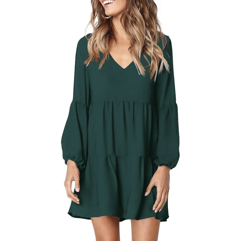 V-Neck Tiered Long Sleeve Dress in Deep Green
